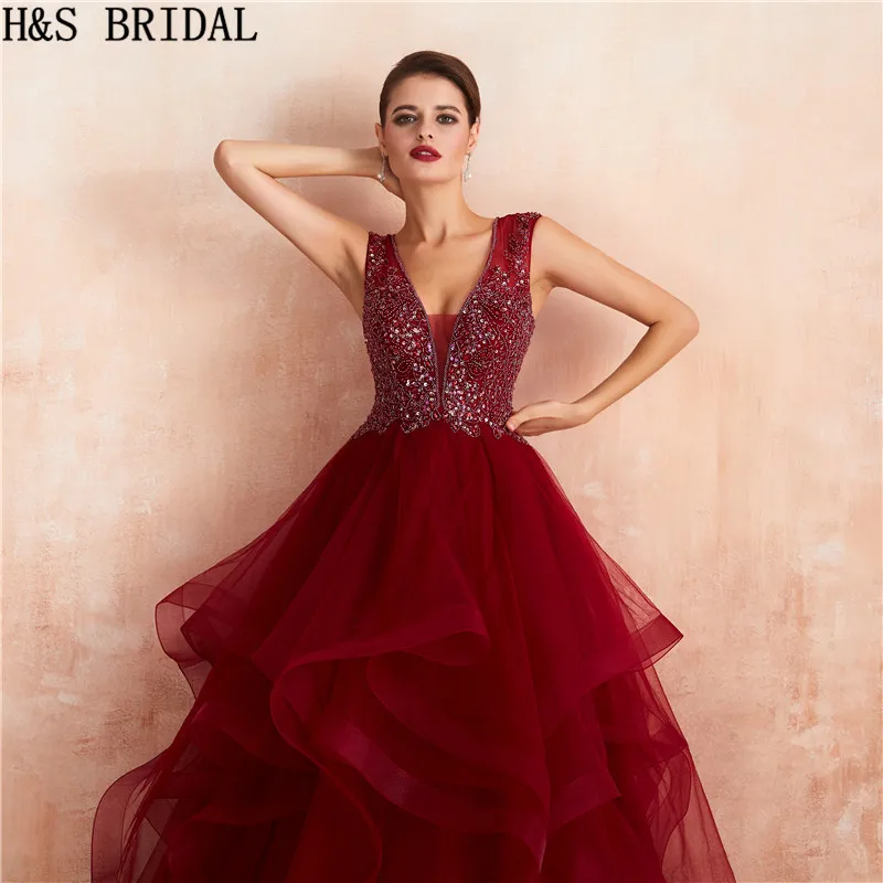 H& S свадебная диадема платья бальное платье vestidos De 15 Anos для девочек красная юбка с оборками Блестки из бисера Вечерние платья для выпускного вечера
