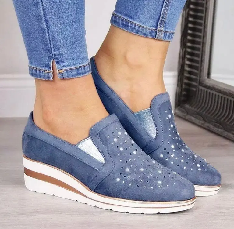 Повседневная женская обувь на высоком каблуке Осенняя женская обувь прогулочная обувь без шнуровки с круглым носком на танкетке высотой около 5 см Женская обувь; zapatos de mujer; C254 - Цвет: Blue