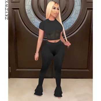 

ZKYZWX 2 Piece Set Women Tracksuit Summer Clother Matching Sets Mesh Sheer Splice Crop Top Flare Pant Suits Sexy Club Outfits