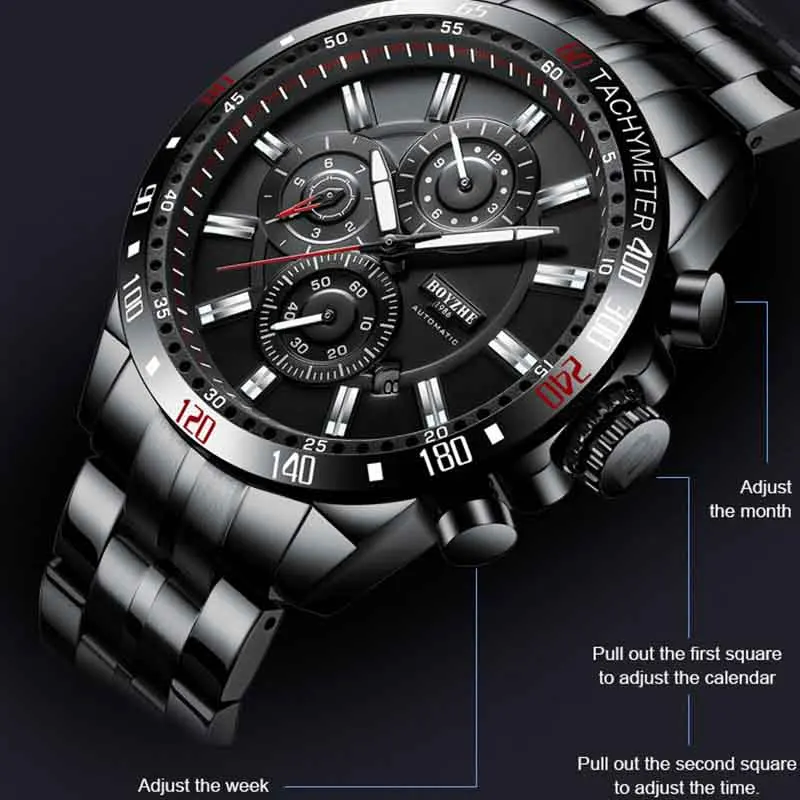 BOYZHE Men Sport Watch Automatic Mechanical Wrist Watch Week Month Calendar Display Luminous Hands Waterproof Watches for Men mechanical watch