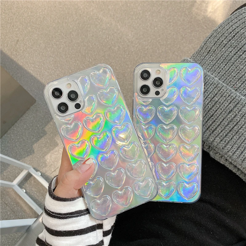 New Laser Love Heart Phone Case For Iphone 7 8 Plus 12 Mini 11 Pro Max XS Max XR X SE 2020 Colorful Soft TPU Back Cover