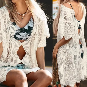 

Beach Dresses Women Swimsuit Summer Dress Pareo Tunic For Smock Mesh Embroidered Lace Acetate Animal Kaftan Beach
