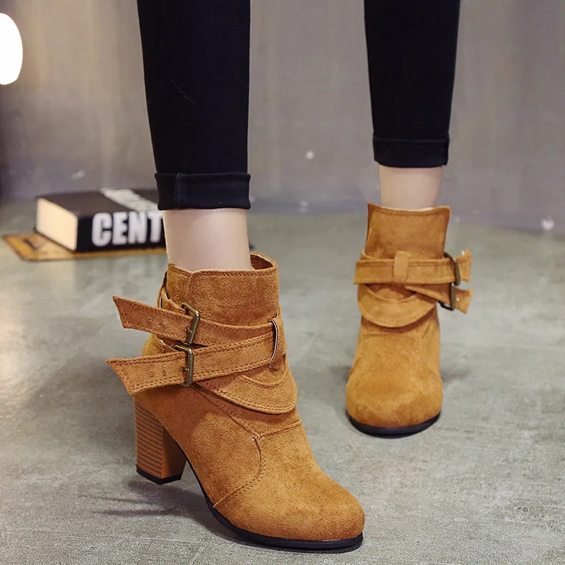 

Leisure Mature Women Autumn Ankle Boots Solid Med Pointed Toe Vintage Short Boots Buckle Flock Winter Shoes Plus Size