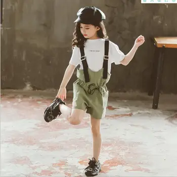 

Fashion tops + jumpsuit 2pcs sets 2020 spring aummer new short sleeve tees shorts children suits girls stes 4-14Y ws1505
