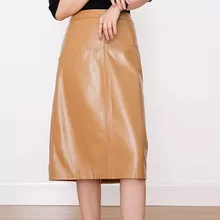 Кожаная женская юбка размера плюс, длинная юбка, зима-осень, модная трапециевидная юбка цвета хаки и черного цвета из овечьей кожи, Женская юбка s