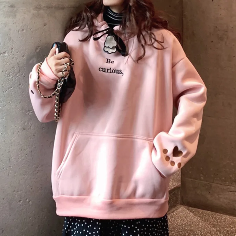 Осень-зима, флисовая верхняя одежда для женщин, Harajuku, кошка, любовь, лапа, вышивка, толстовка, Kawaii, уличная одежда, плюс бархат, утолщенная Толстовка - Цвет: pink