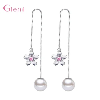 

Fashion 925 Sterling Silver Female Jewelry Charms Cherry Blossoms Pendant Dangle Drop Earrings For Women Girls Anniversary Gifts