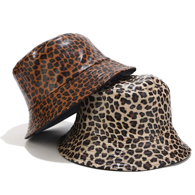 

Autumn Adult women faux leather bucket hat Leopard printing fisherman hats Panama cap Reversible Gorros