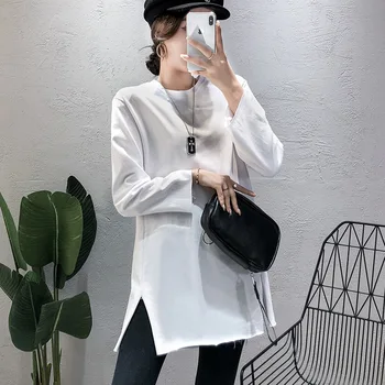 

Women's T-shirt 2019 spring autumn new long sleeve bottoming shirt irregular split velvet inside medium length women T-Shirt Top