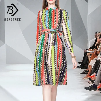 

2020 Elegant Spring and AutumnLong-Sleeved Retro Stripes Casual A-line Office Elegant Mid-Length Dress D9D308M