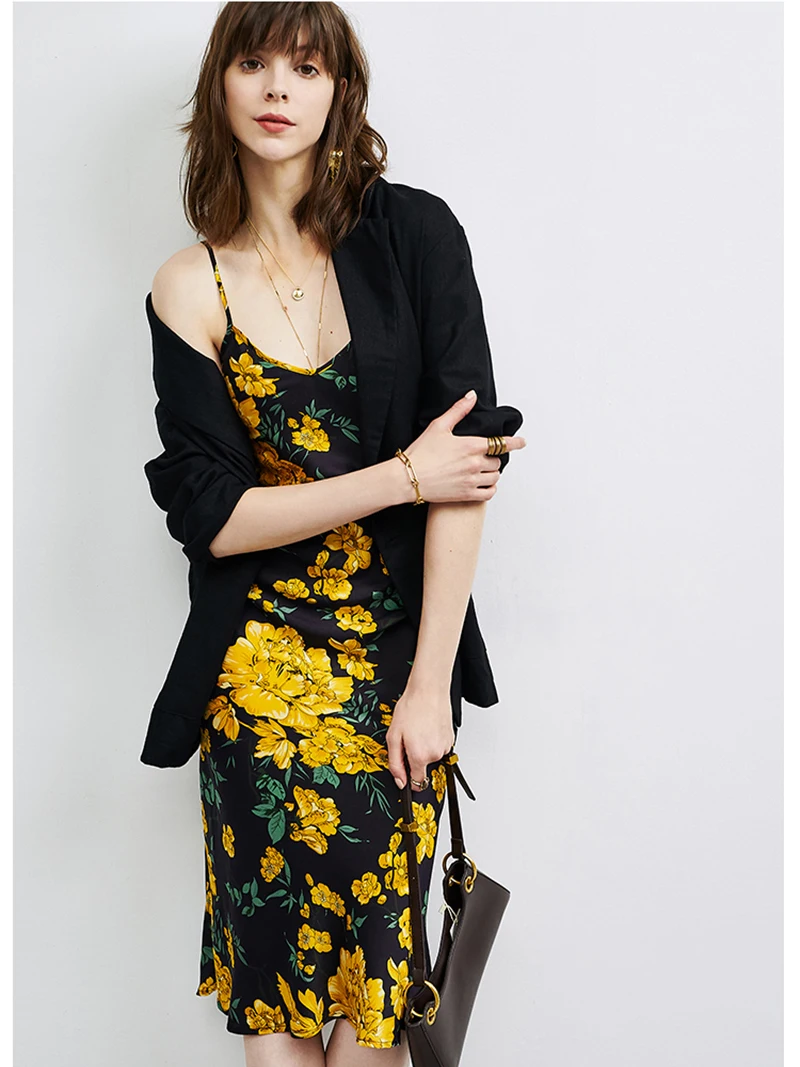 yellow floral silk dress