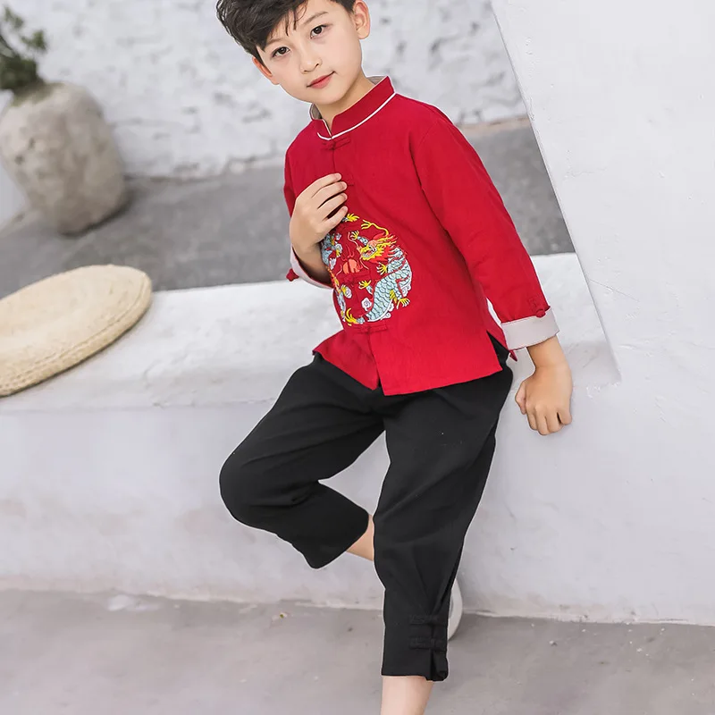 Детская одежда в китайском стиле; сезон осень; детская одежда из хлопка и льна с длинными рукавами; обтягивающие брюки; 【xiu】 crafts Long Boys's Chine