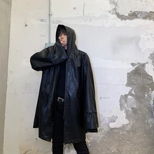 Мужская Уличная мода, свободная повседневная кожаная куртка, Тренч с капюшоном, пальто для мужчин и женщин в стиле хип-хоп, Готическая ветровка, плащ, пальто, верхняя одежда