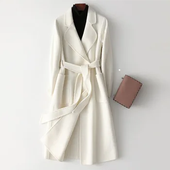 

2020 Fashion Women Woolen Coat 100% Wool Handmade Pure Color Women White Wool Coat With Belt Chaqueta Mujer Femme