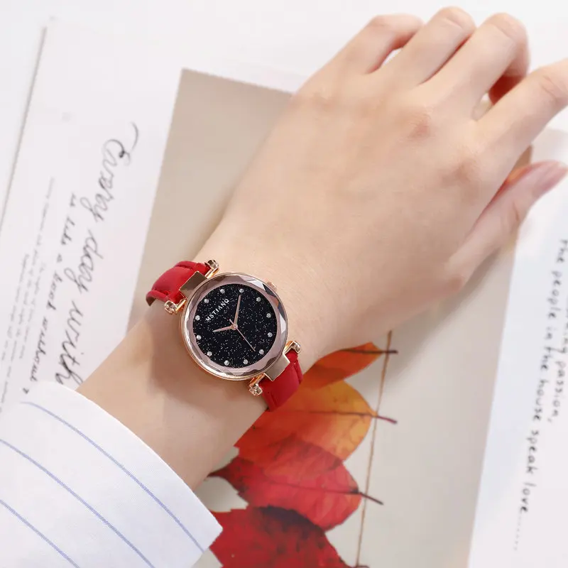 

Women Casual Romantic Starry Sky Wrist Watch bracelet Leather Rhinestone Designer Ladies Clock Simple Dress Gfit Montre Femme