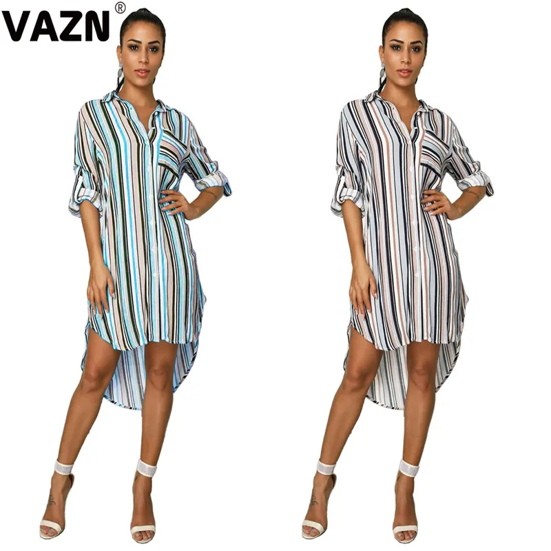 VAZN SM9052 Топ консервативный Классический Полосатый природа Повседневная мода Половина рукава жоржет прямые женские Асимметричные миди платье
