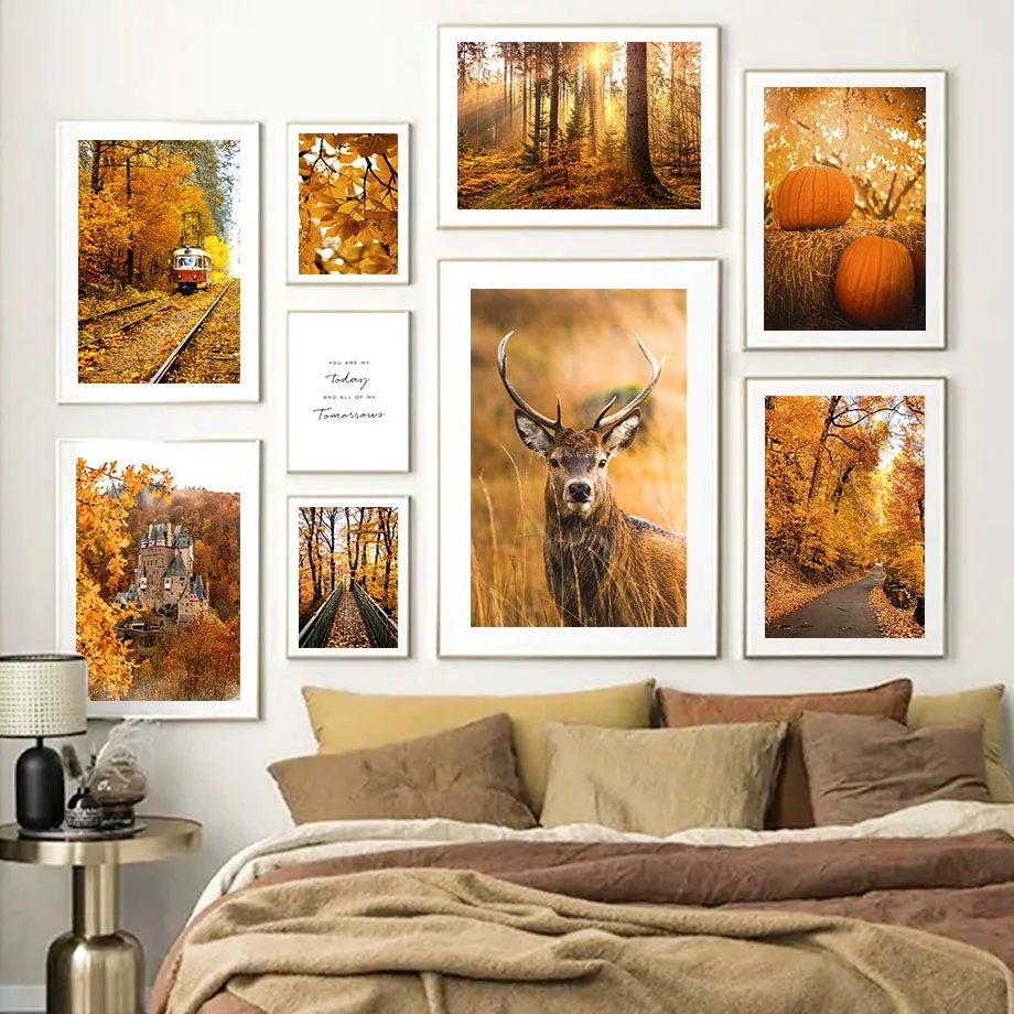 Autumn Forest Deer Pumpkin Maple Leaf Road Wall Art Canvas Painting Nordic Posters And Print Wall Pictures For Living Room Decor