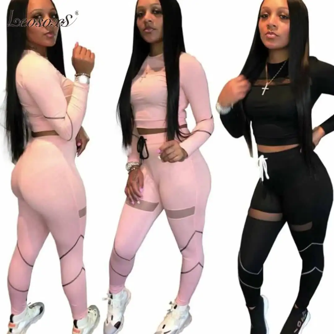 

New Style Solid Mesh Spliced Leisure Tracksuit Long Pant 2020 Women Two Piece Set