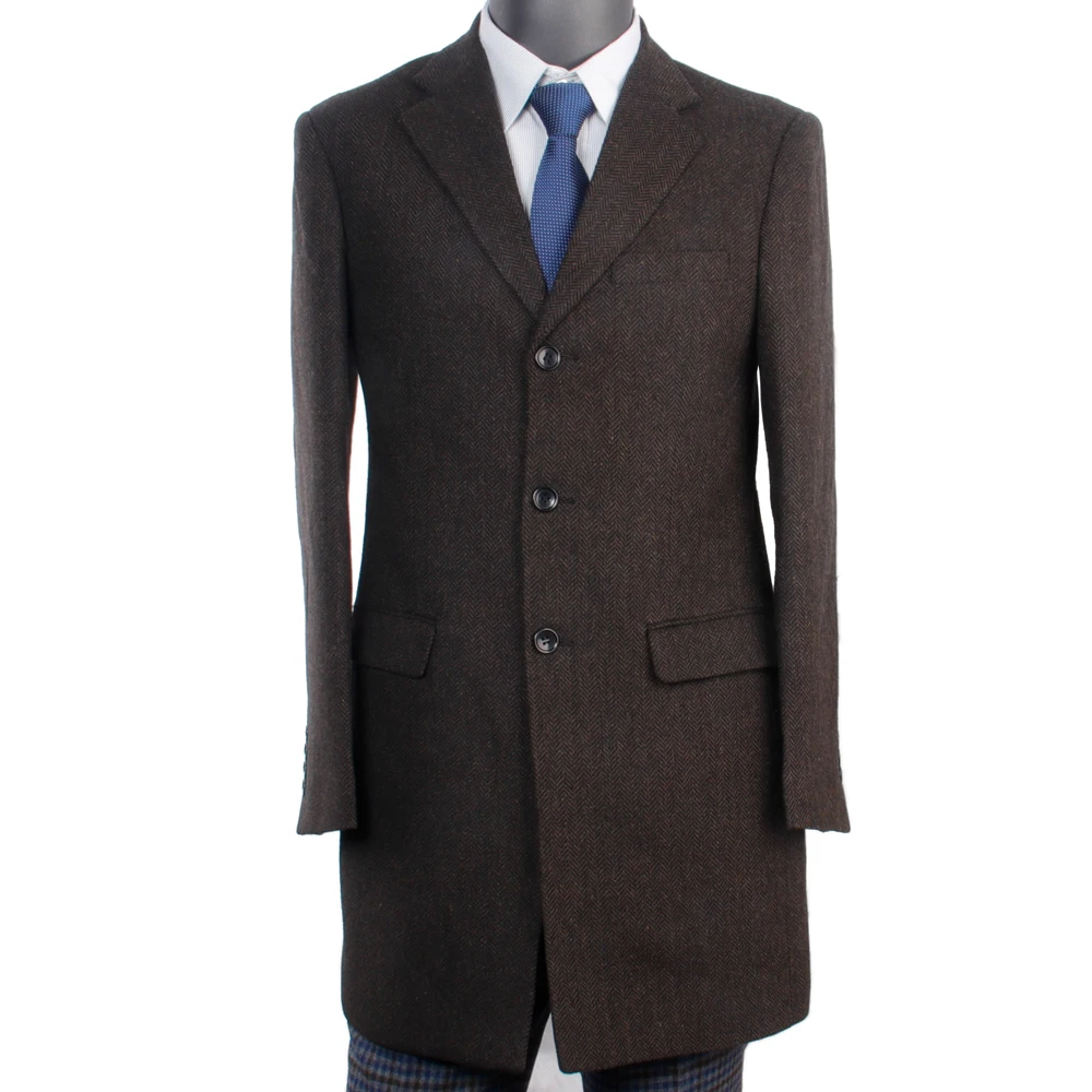 2021 Deep Brown Herringbone Tweed Long Coat Custom Dark Brown Medium Long Jacket Mid-Length Coats Mid Length Casual Winter Coat business casual long coat dark blue herringbone tailored 2021 tweed medium long jacket mid length coats mid length winter blazer