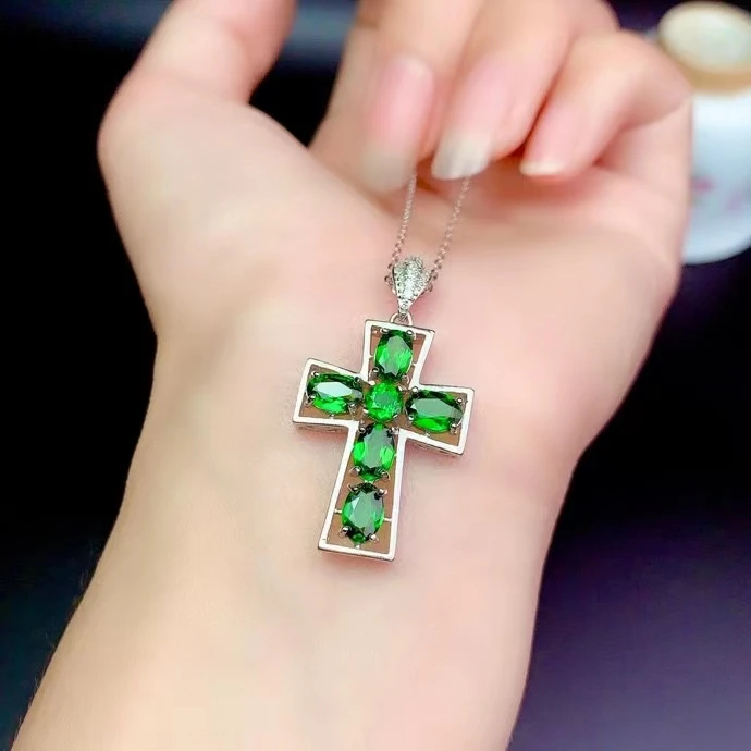 

Newest cross diopside/tourmaline pendant of necklace for women jewelry real 925 silver natural gem Festival gift God Bless u