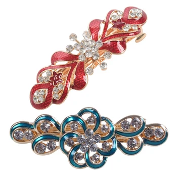 

Lady Party Green Flower Design Rhinestone Barrette French Hair Clip & Women's Crystal Stone Decor Flowers Metal Hair Clip Claw B