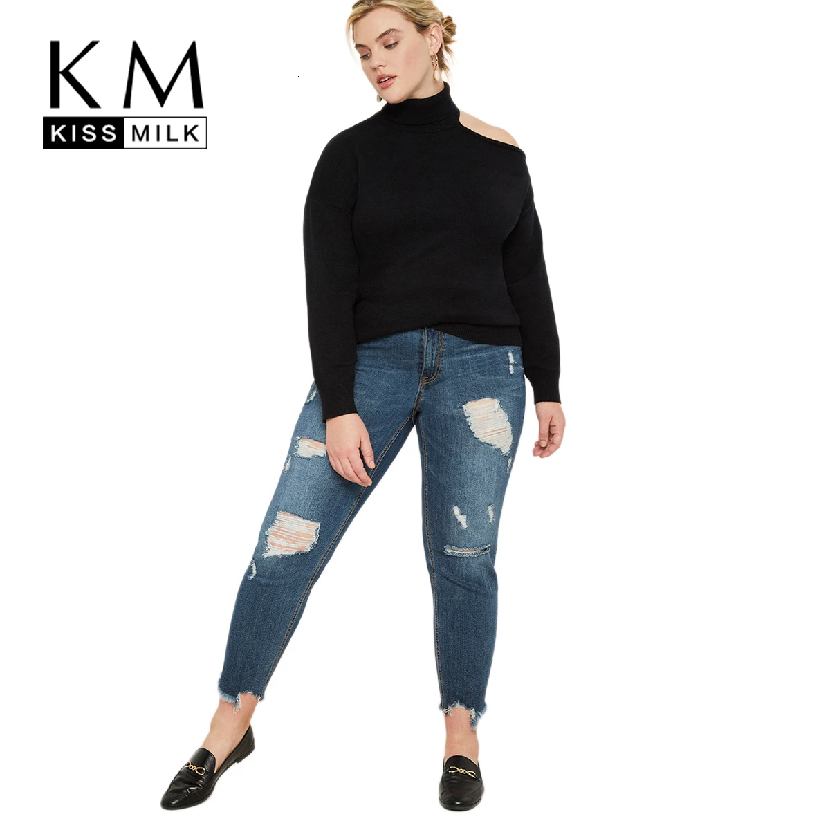 

Kissmilk Plus Size Woman Clothes Stand-up Unilateral Off-The-Shoulder Knit Long Sleeve Pullover