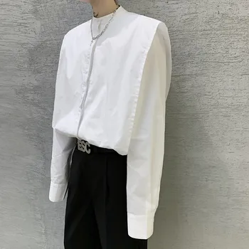 

Men White Stand Collar Wide Shoulder Long Sleeve Casual Shirt Male Japan Streetwear Fashion Loose Dress Shirt Stage Clothing