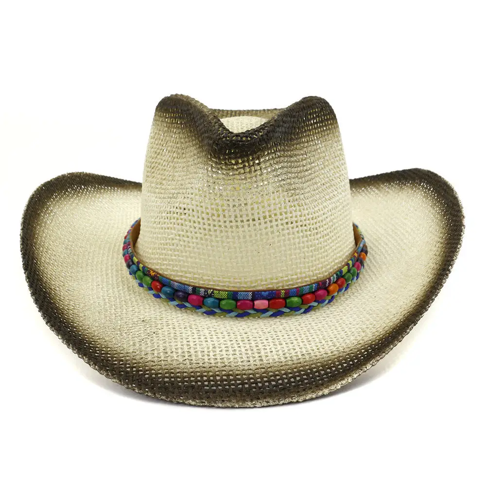 Summer Handmake Raffia Men Western Cowboy Hat With Rope Women Western Wide Curling Brim Cap Sun Protection Unisex Hats AF0034