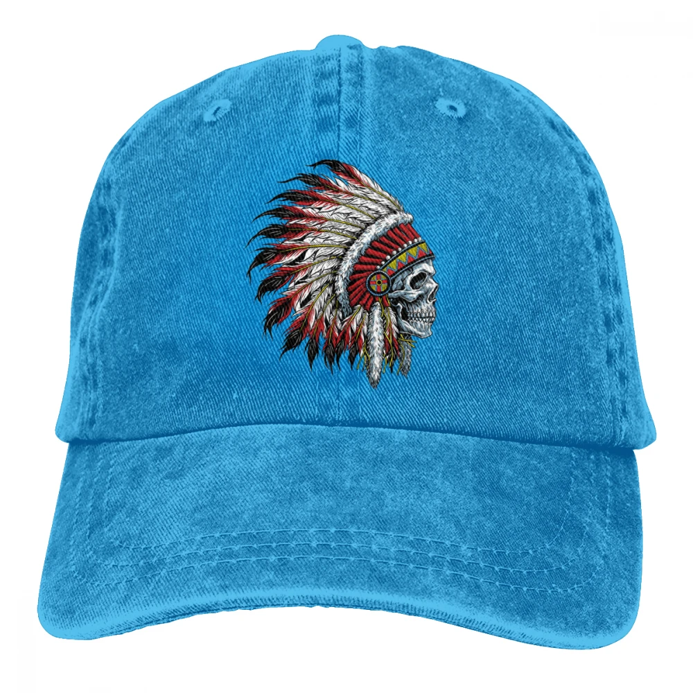 Череп индийский головной убор перо Casquette черный унисекс Мужские Женские джинсовые бейсболка с ремешком кепки Регулируемый Гольф папа шляпа