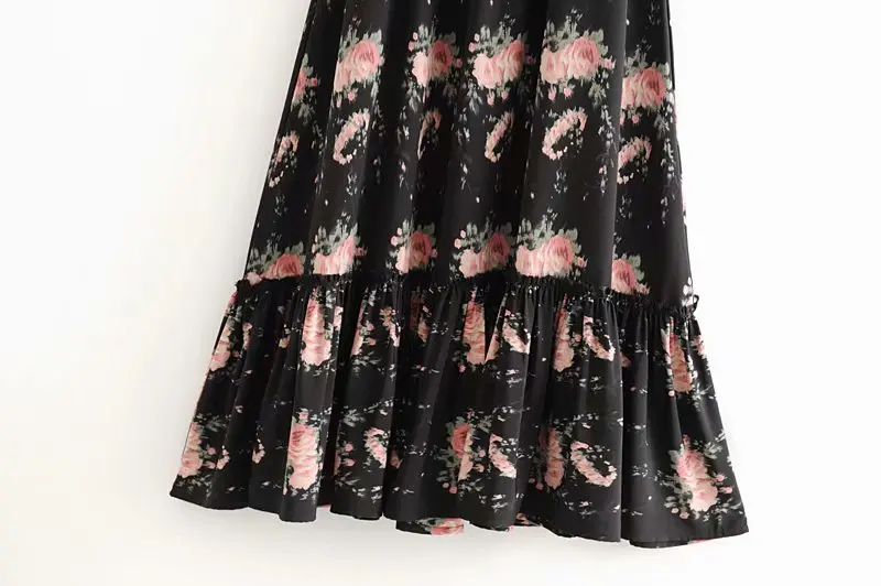 Элегантное женское платье Terrence в винтажном стиле, с цветочным принтом, эластичное, с завязками, с пышными рукавами, с ушками, с отделкой, с рюшами, миди платье черного цвета