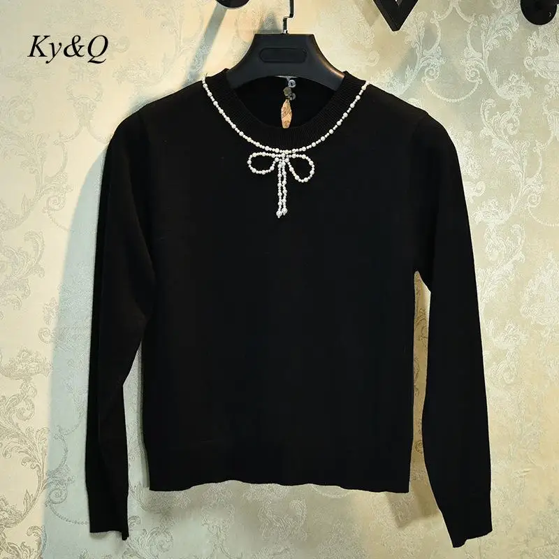 2020 Spring New Women Luxury Design Bow Beaded Sweater Black Base Thin O-neck Pullover Jumper Top Long Sleeve Clothes | Женская одежда