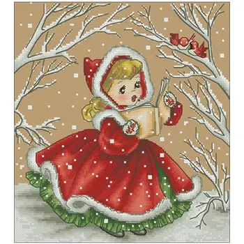 

Girl in red dress singing to birds Counted Cross Stitch 11CT 14CT DIY Chinese Cross Stitch Kits Embroidery Needlework Sets