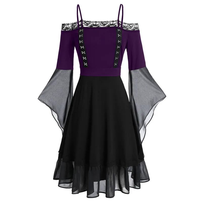 Новинка, Vestidos, вечерние платья, женское платье, сексуальное, с открытыми плечами, с расклешенными рукавами, с крючками, на шнуровке, платья размера плюс L-5XL - Цвет: Purple