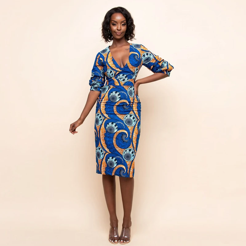 African Lady's Clothing Digital Printing Summer Sexy Female V-Neck Slimming Elegant Dress Fashion Maxi Sundress Dashiki Kanga Africa Clothing