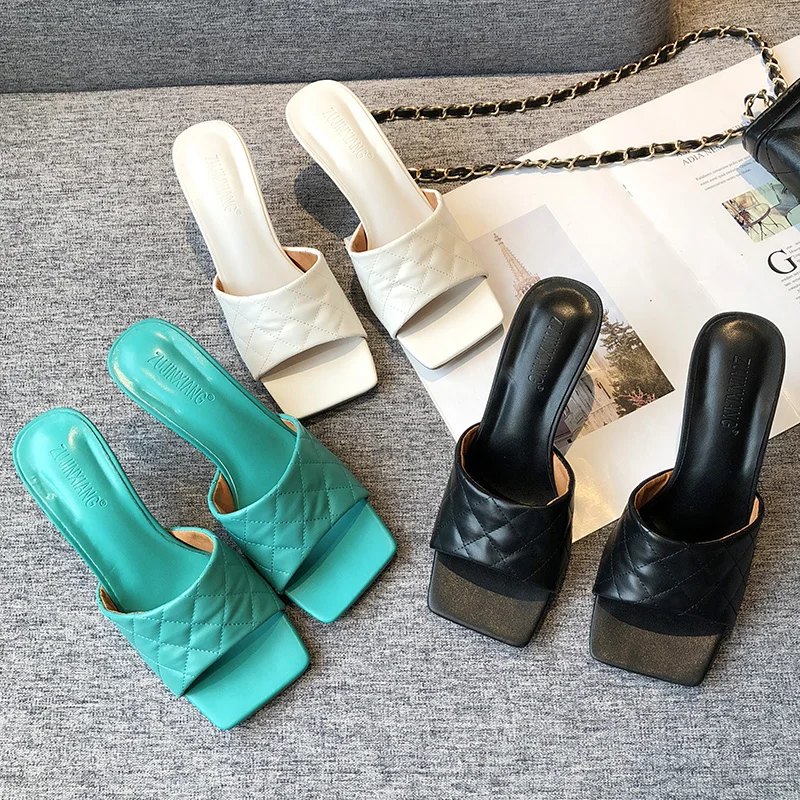 

Fashion Women Sandals Slippers Square Open Toe Thin High Heels Slip On Pumps Nightclub Party Sandals Slides Flip Flops Size 39