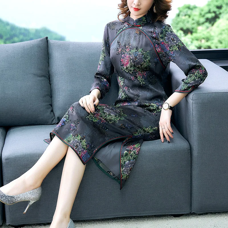 

2020 Spring Real Silk Improved Daily Life Cheongsam Retro Women's Mid-length Middle-aged Women Dress Mulberry Silk Dress