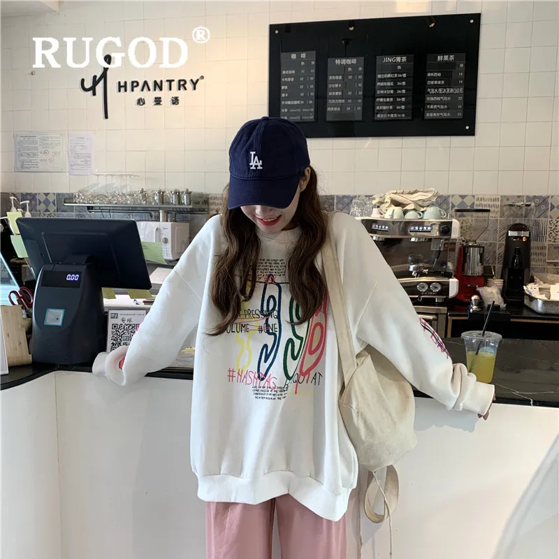 RUGOD/толстовка с круглым вырезом и принтом; плотные топы с длинными рукавами; свободные плотные Топы; повседневные женские топы; коллекция года; сезон осень-зима