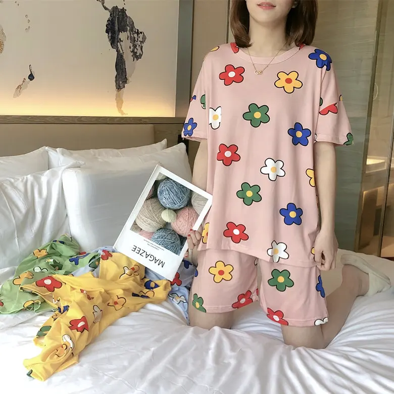 

Summer Pajamas WOMEN'S Short Sleeved Set Powder Flower M -Xxl 2020 New Style Home-feeding Filming