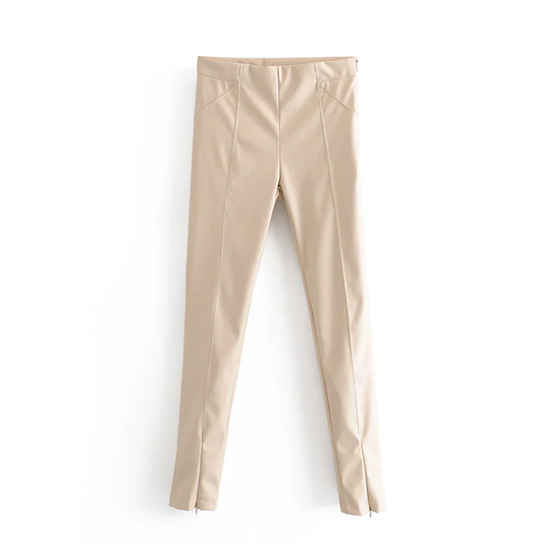 Beige Женские стильные Стрейчевые брюки из искусственной кожи, однотонные женские брюки-карандаш с высокой талией, Длинные уличные брюки - Цвет: Beige