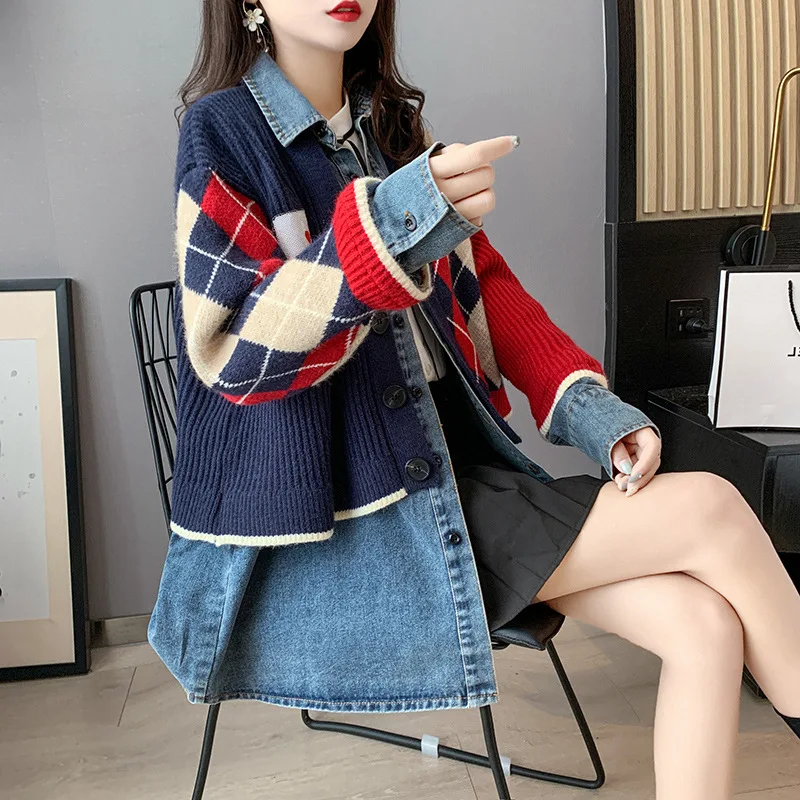 SuperAen Knitted Patchwork Fake Two-Piece Jeans