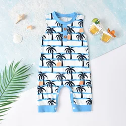 Barboteuse pour bébés filles et garçons, combinaison d'été à col rond sans manches avec décoration de boutons imprimés cocotier pour nourrissons 