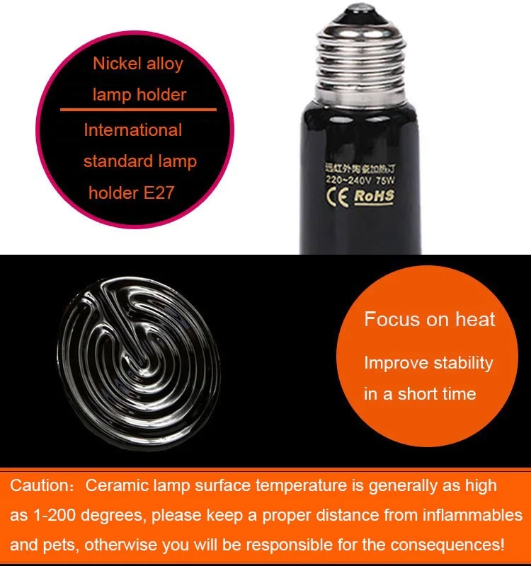 Pet heating lamp Reptiles E27 220V Ceramic Lamp Ceramic Emitter Heat Lamp Far Infrared lamp 25W 50W 100W 200W Heat reptile heating lamp