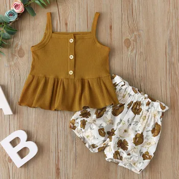 

2020 New Summer Girls Clothing Suit Printed Frill Sling Top Floral Shorts Two-Piece Sleeveless Sweet Clothes Set Infant Outwear