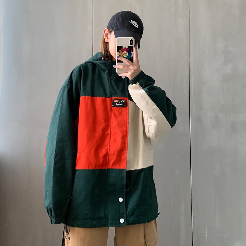 LAPPSTER Мужская Лоскутная Harajuku Рабочая куртка Мужская корейская мода хип хоп Ветровка Куртки Осенняя уличная одежда - Цвет: Green