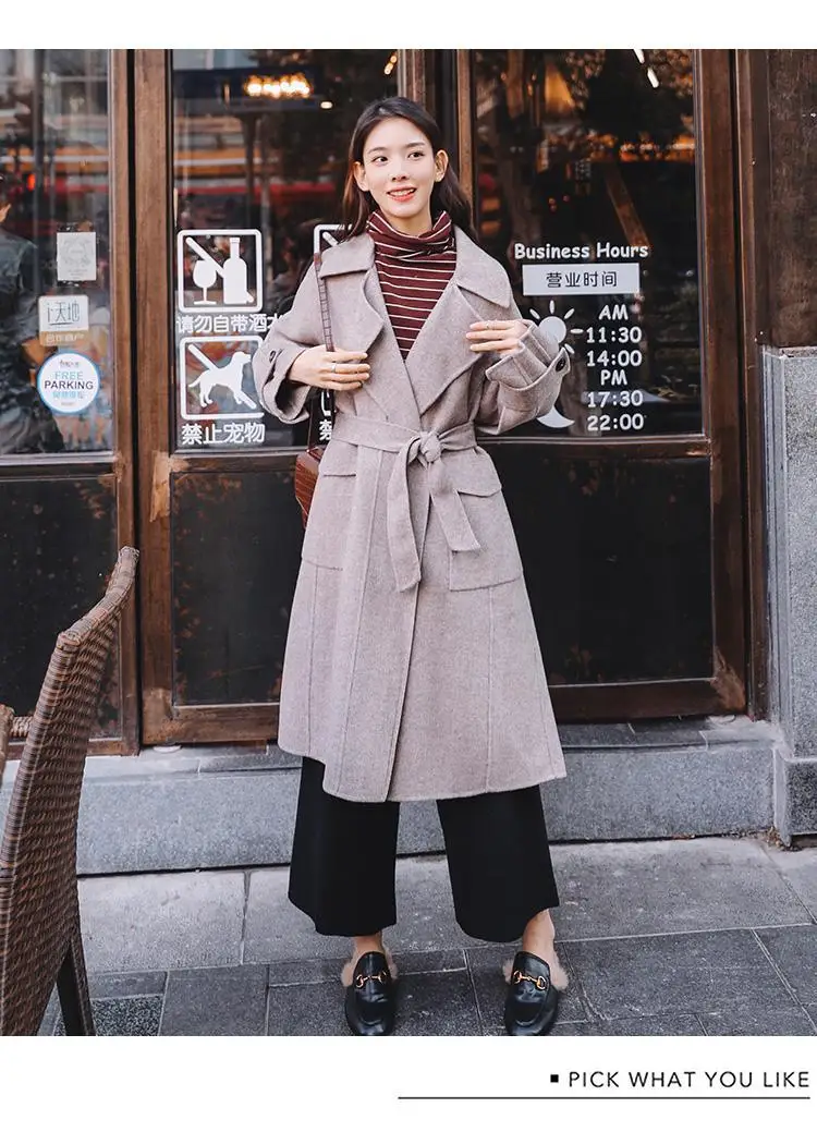 Photo Shoot Autumn& Winter New Style Duffle Coat Korean-style Loose-Fit Lace-up Mid-length Herringbone Woolen Jacket Women