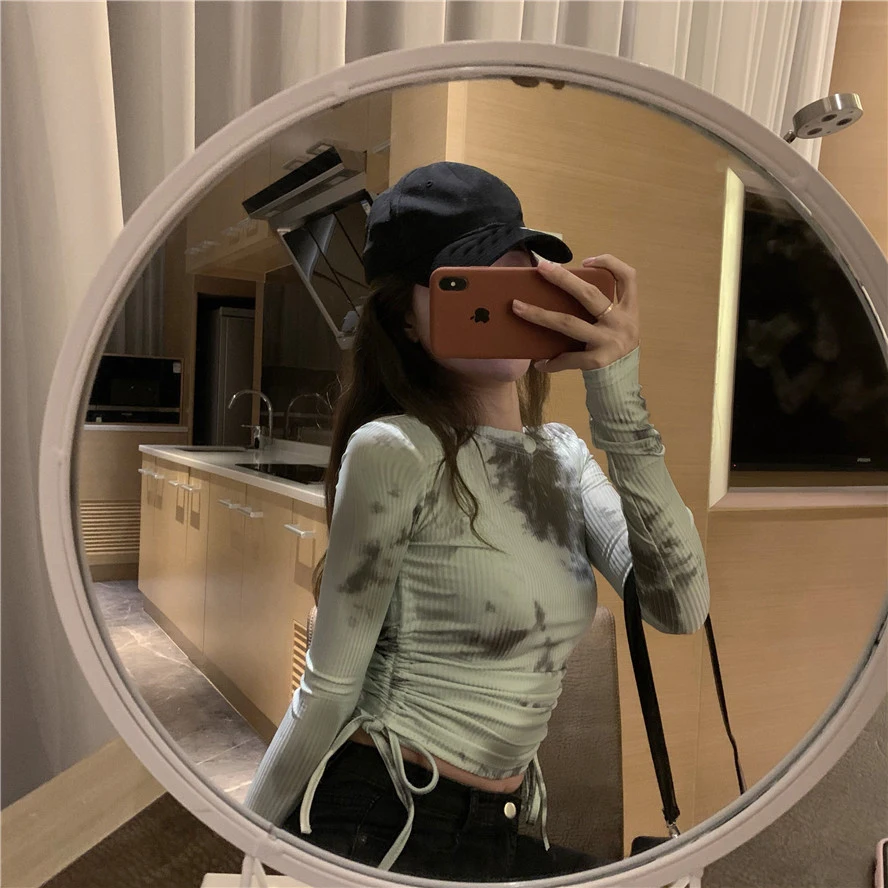 Модный бренд vetement femme, футболка с длинным рукавом, Женский Повседневный укороченный топ, хипстерские футболки, вязаные осенние женские топы с принтом и длинным рукавом