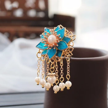 

New Design Blue Flower Hair Pins Pearl Tassel Hairpin Wedding Flower Hair Accessories Women Jewelry Ornaments