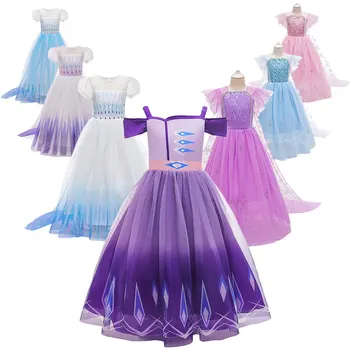 

Girls Summer Elsa Princess Dress Kids Snow Queen 2 Snowflake Print White Costumes Children Fancy Purple Off Shoulder Outfits