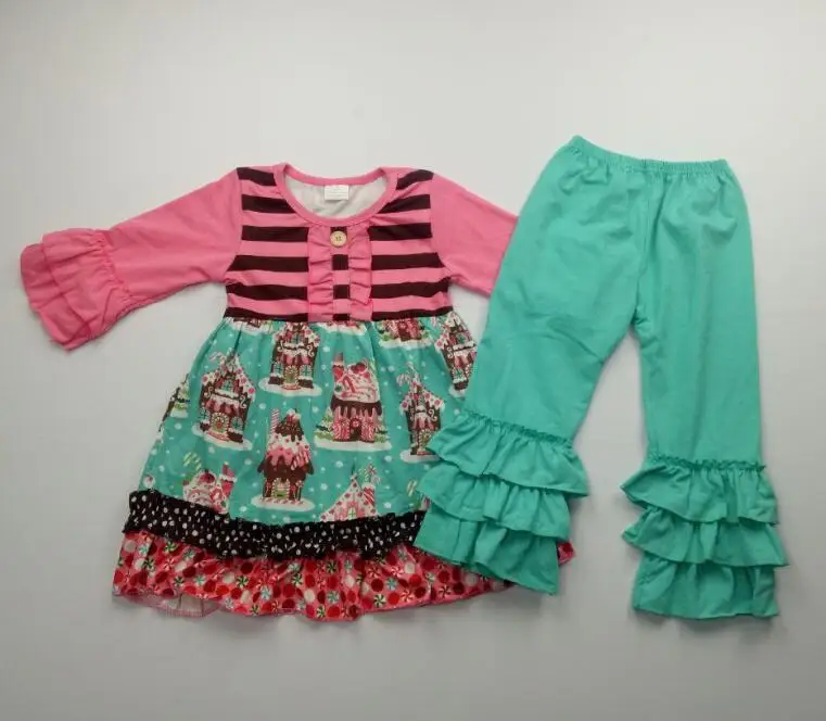 

Children clothing set christmas fabric ruffle pants outfits kids wear winter clothes