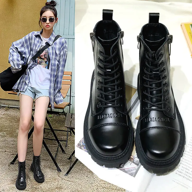 Boots Female women shoes Ankle 2020 Autumn British Wind Genuine Leather Thick With Short Boots Motorcycle Martin shoes